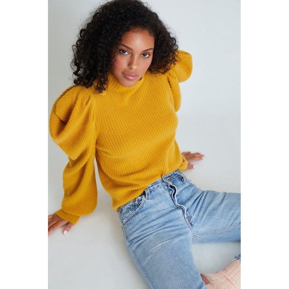 LoveShackFancy 100% Cashmere Sweater M Mustard Ruffle Sleeve Romantic Coquette